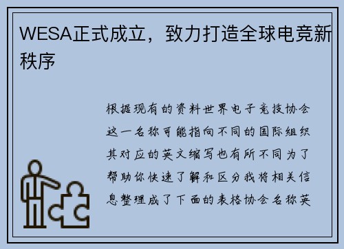 WESA正式成立，致力打造全球电竞新秩序